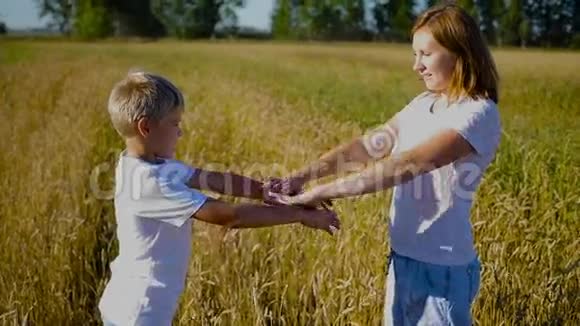 一个女孩带着孩子在田里旋转视频的预览图