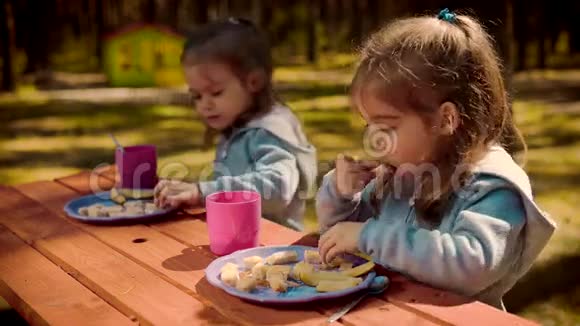 夏天两个女孩在木桌上吃早餐视频的预览图