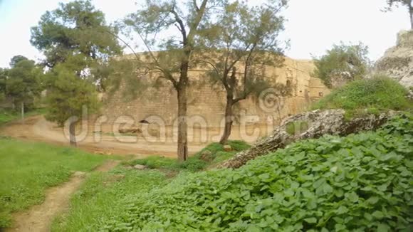法马古斯塔古城高墙护城河深处生长的树木和草视频的预览图