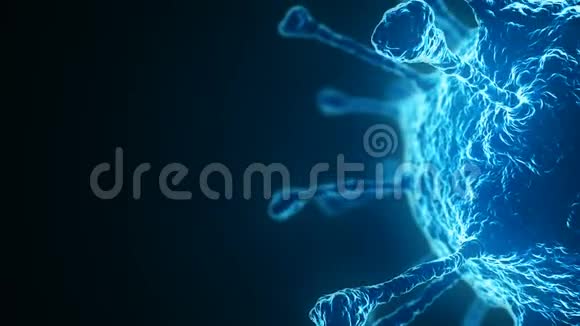 显微镜下蓝色微生物一种明亮发光的病毒在黑暗的背景下移动视频的预览图