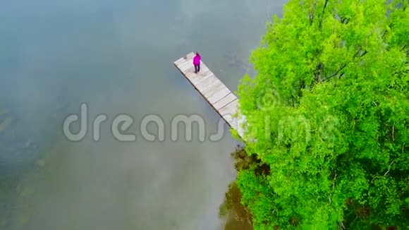 女孩在一个山湖的岸边的码头上沉思视频的预览图