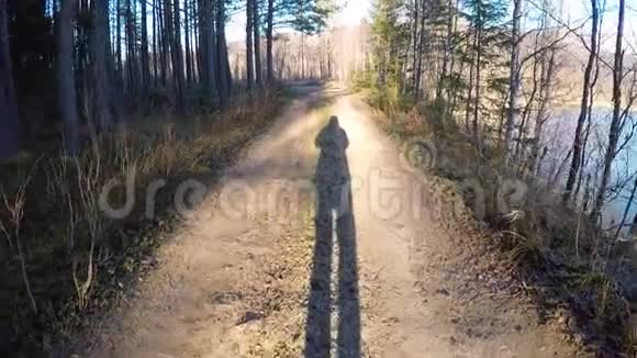 在森林的泥土小径上漫步的人的银色影子慢慢消失视频的预览图