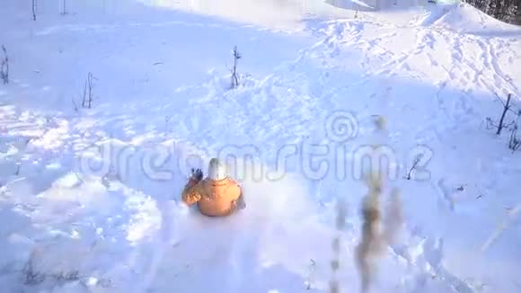 少年女孩在冬雪公园的一座小山上滑着雪一只狗在和一个开朗的女孩玩耍视频拍摄在移动视频的预览图