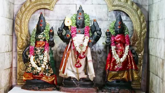 印度泰米尔纳德邦印度教女神穆鲁甘勋爵和他的两个妻子瓦利和迪瓦亚奈的雕像视频的预览图
