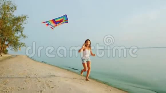无忧无虑的女孩沿着海滩奔跑玩风筝视频的预览图