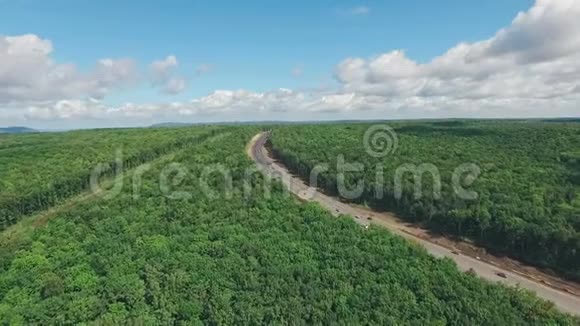 俄罗斯现代高速公路穿过茂密的落叶林鸟瞰视频的预览图