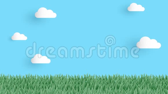 可爱的背景动画循环镜头的草地与绿色的草地上的蓝天和白云与您的纸艺术风格视频的预览图