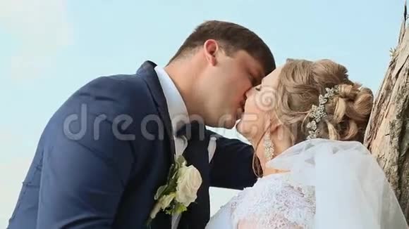新娘和新郎在户外接吻结婚纪念日视频的预览图