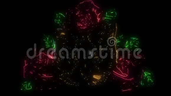 数字动画猫与玫瑰照亮霓虹灯风格视频的预览图