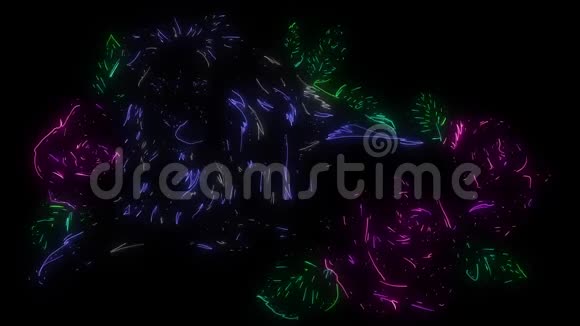 数码动画狮子与玫瑰点燃霓虹灯风格视频的预览图