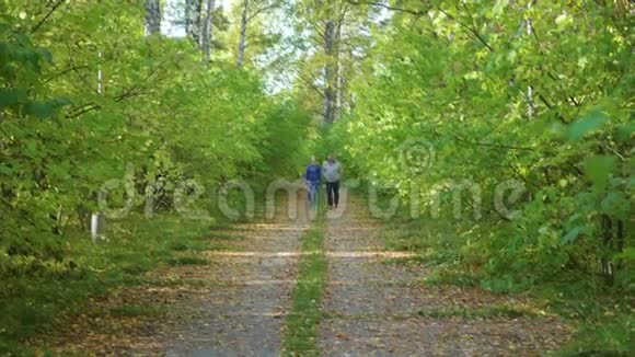 父亲和女儿在公园的小径上散步视频的预览图