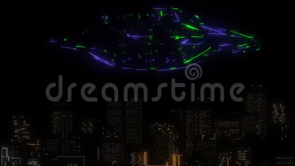 城市中的UFO的数字动画照亮霓虹灯风格视频的预览图