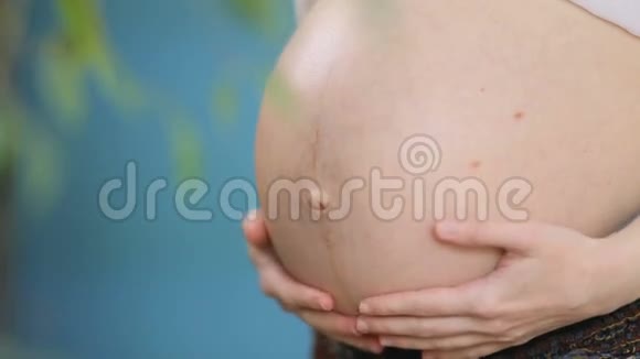 孕妇穿着复古长裙用孩子抚摸她的大肚子视频的预览图
