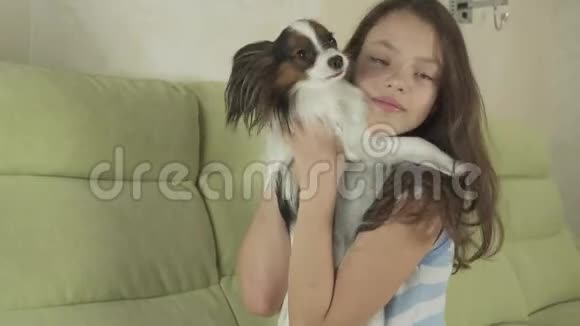 美丽快乐的少女玩她的狗帕皮龙大陆玩具斯皮尔股票录像视频的预览图