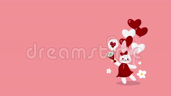 一个兔子女孩带着红色的丝带和红色的连衣裙手里拿着红白相间的心形气球和一束花摆动着视频的预览图