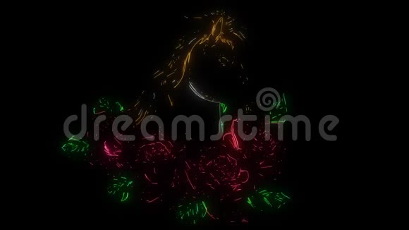 一匹带有玫瑰的马的数码动画以霓虹灯的风格点亮视频的预览图