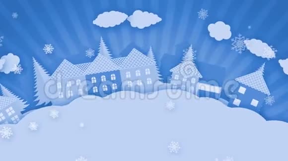 小镇上一个下雪的圣诞夜雪花落下卡通纸张的冬季设计视频的预览图