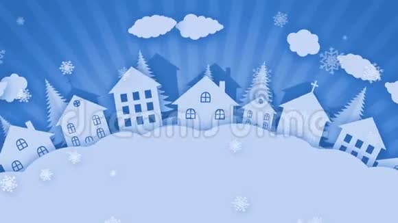 一个小镇上下雪的圣诞夜雪花飘落卡通纸张的冬季设计视频的预览图