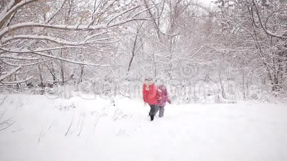 两个小女孩在冬日的树林里玩得很开心视频的预览图