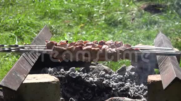 夏天壁炉里有美味的腌制沙士利克烤架4K视频的预览图