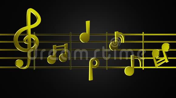 3D金色音乐音符在音乐线上的黑色背景视频的预览图