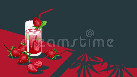 暑假季节动画片段一杯带有薄荷叶和新鲜草莓的鸡尾酒草莓视频的预览图