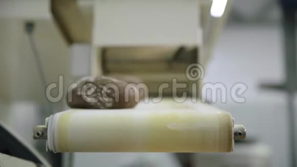 面包生产线场景食品厂传送带食品厂生产线上的面包面包袋视频的预览图
