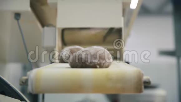 面包生产线场景食品厂传送带食品厂生产线上的面包面包袋视频的预览图