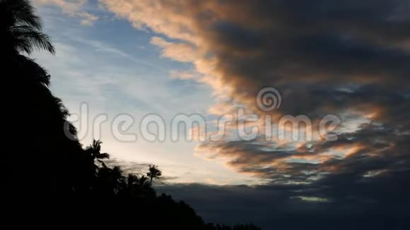清晨的云彩在棕榈树上剪影时光流逝视频的预览图