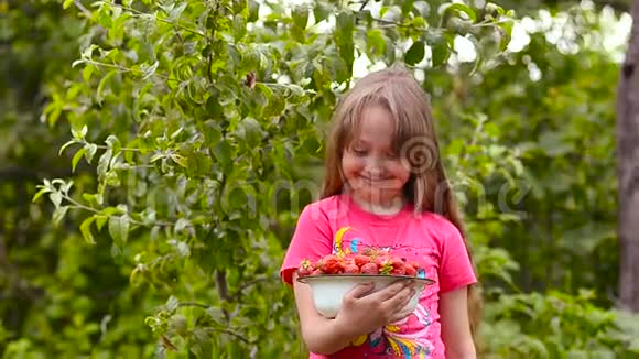 草莓红的熟的甜的拿着盘子一个小女孩微笑着含有维生素的膳食浆果视频的预览图