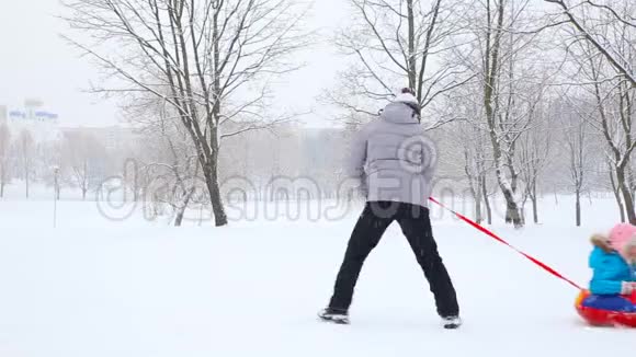 冬天在一个白雪覆盖的公园里孩子们和一只狗玩得很开心视频的预览图