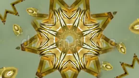 黄金图案万花筒艺术装饰旋转缝和环形背景与线性几何形状的足迹视频的预览图