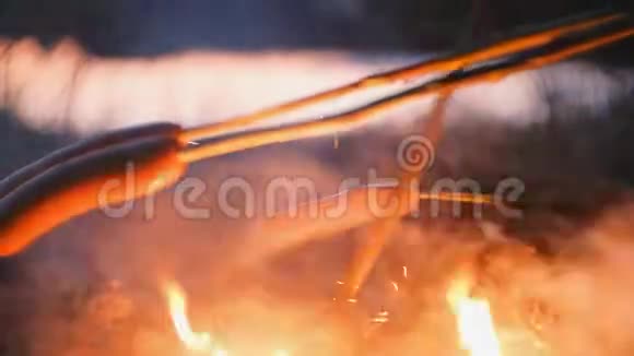 人们晚上在树林里的火上煎香肠特写香肠视频的预览图