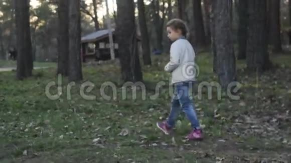 树林里的孩子森林公园里玩耍的小女孩孩子们视频的预览图