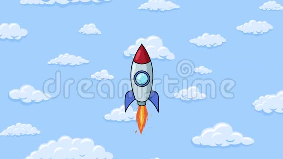 卡通火箭在蓝色的天空中飘起蓬松的云彩后台无缝循环动画视频的预览图