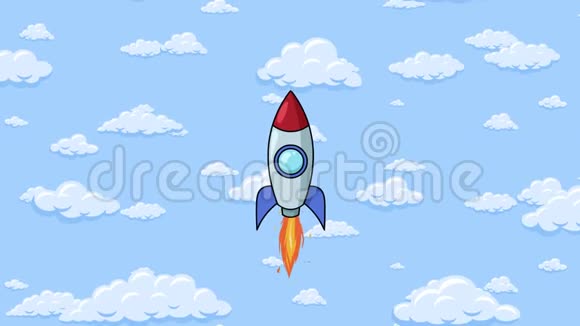 卡通火箭在蓝色的天空中飘起蓬松的云彩后台无缝循环动画视频的预览图