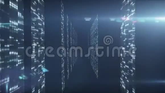在黑色背景上用服务器和光闪光灯动画制作数据处理和数字信息视频的预览图