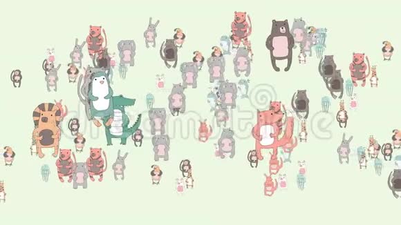 无缝动画图案与可爱的卡通动物在明亮的背景加载4K运动背景视频的预览图