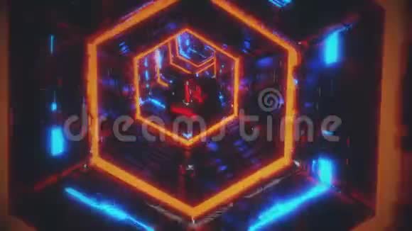 运动背景视频的镜子宝石移动在六边形隧道的明亮蓝色和红色霓虹灯3D渲染视频的预览图