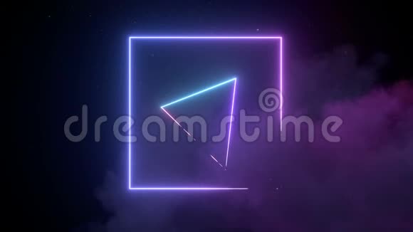 科幻未来派霓虹灯矩形三角光网络发光紫蓝色在黑暗充满云烟雾室空背视频的预览图