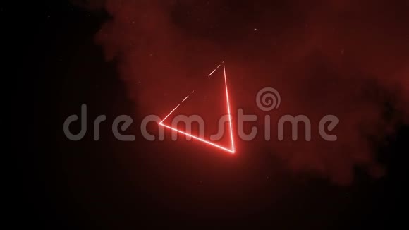 科幻未来派霓虹灯三角形的光网络发光的红色在黑暗充满云烟雾室天空空背视频的预览图