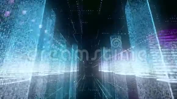 明亮的蓝色和白色的闪亮城市线框由线和胶泥相连的粒子组成视频的预览图