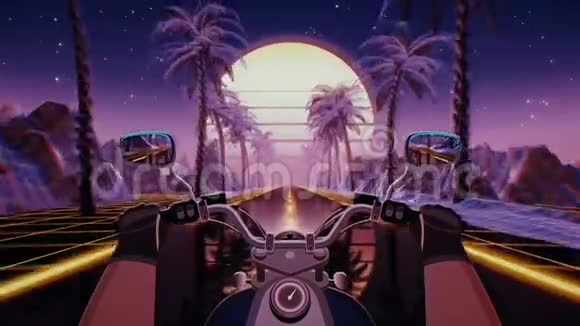 80年代复古未来主义科幻无缝环VJ景观与摩托车视频的预览图