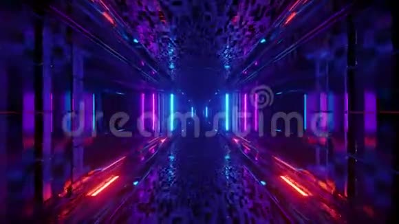 三维插图运动背景与未来主义科幻隧道走廊与美丽的反射和发光灯视频的预览图