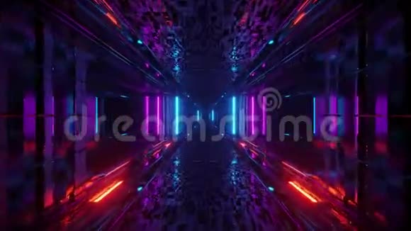 三维插图运动背景与未来主义科幻隧道走廊与美丽的反射和发光灯视频的预览图