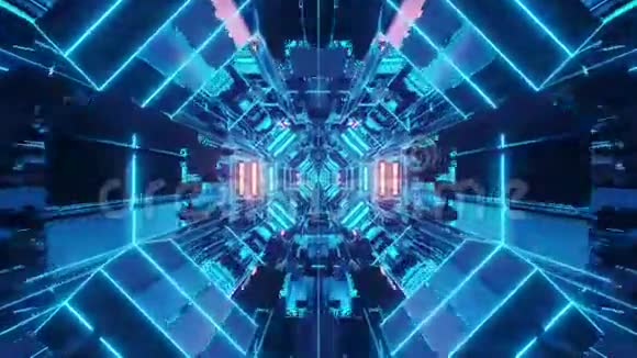 三维插图运动背景活壁纸运动图形艺术与蓝色霓虹灯线框科幻隧道视频的预览图
