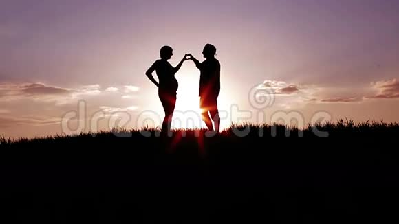 一对相爱的夫妇在明亮的阳光下使手指的心视频的预览图