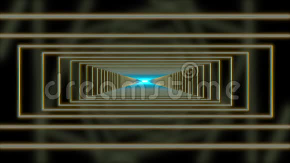 穿过一条发光的黄色矩形隧道中间有蓝色的霓虹灯视频的预览图