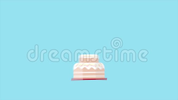 生日蛋糕上面有香草白奶油两只小熊坐在蛋糕旁边三支蜡烛和粉红色的心在蓝色的bac上视频的预览图