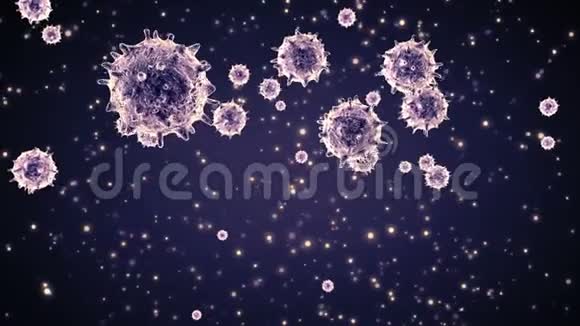 显微镜下病毒人类免疫系统病毒跨越屏幕移动细菌病毒或细菌微生物细胞视频的预览图